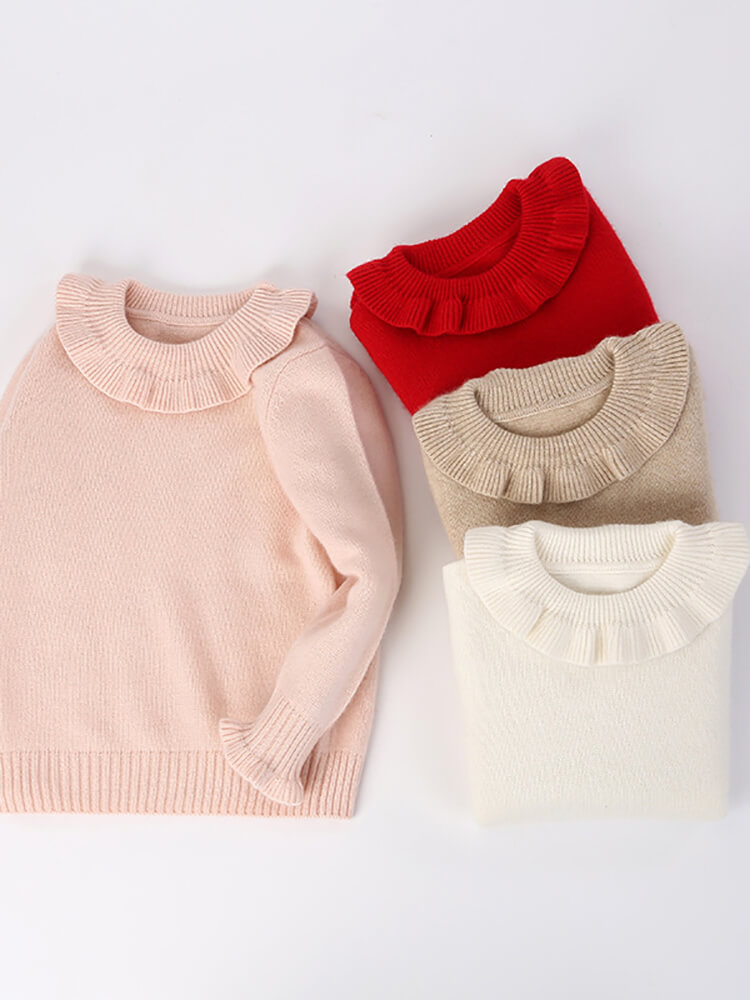 Girls Blush Pink Ruffled Collar Soft Cashmere Pullover Sweater
